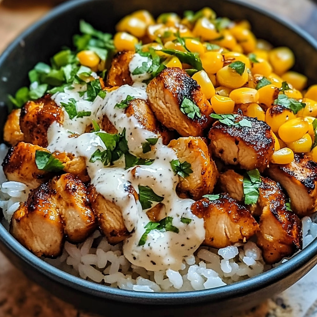 Bowl filled with grilled chicken, Mexican street corn, rice, and fresh toppings