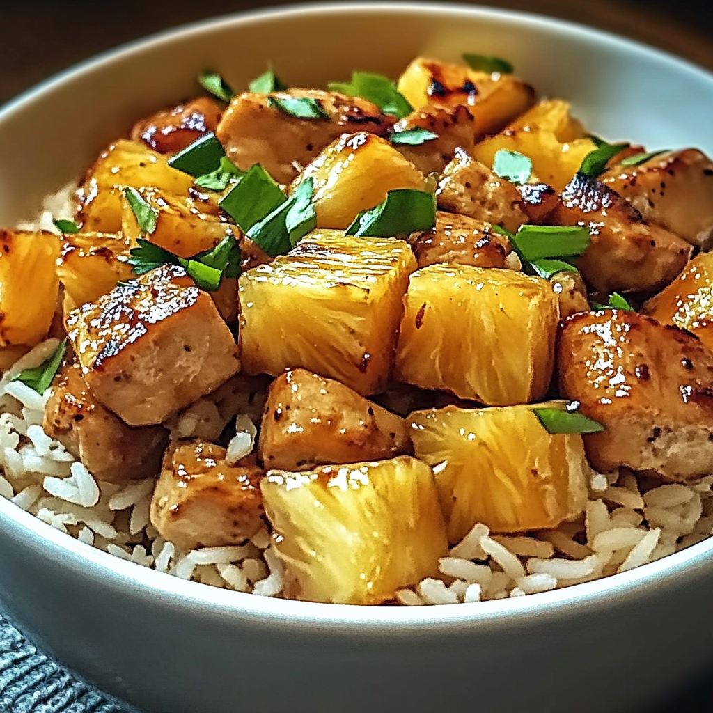 Bowl of pineapple chicken with rice, garnished with green onions and sesame seeds